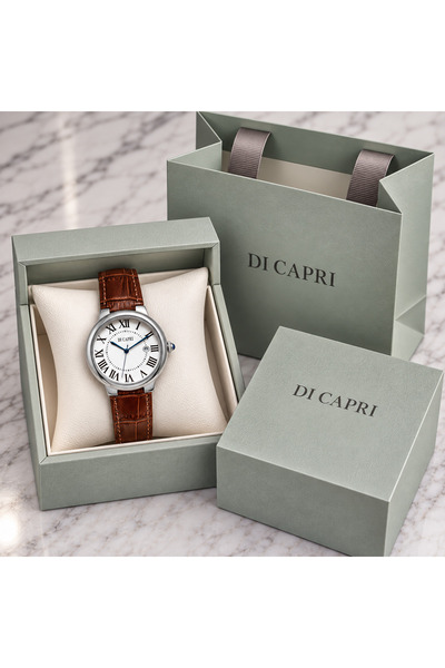 Generic Brand Di Capri Classic Silver Watch with Brown Leather Strap Looster ...