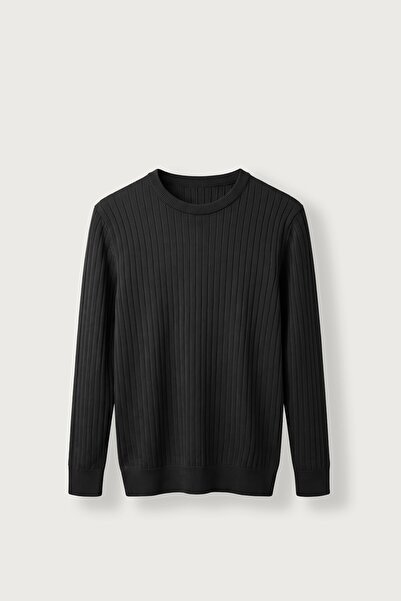 ablukaonline Men's Slim Fit Ribbed Crew Neck Knitwear Sweater Black