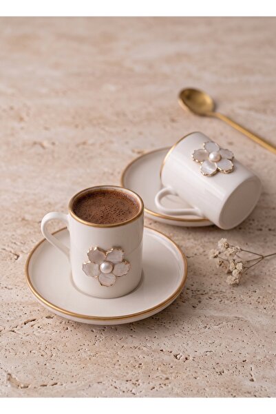 REGNA HOME Fine Living İnci Cream 4 Piece 2 Person Gilded Porcelain Coffee Cu...