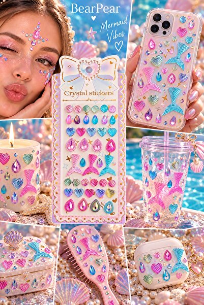 BearPear Mermaid Vibes Kristal Sticker – Deniz Kızı Temalı Dekoratif Yüz Taşı ve Süsleme Seti
