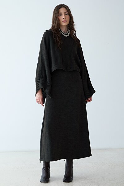 Olcay Cape Dress Combination Knitwear Double Set Black 9488-Tk