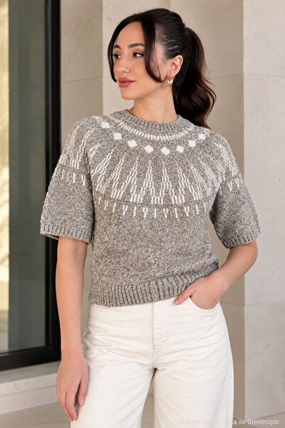 Polo State Women's Jacquard Patterned Short Sleeve Crew Neck Knitwear Sweater...