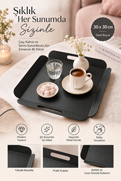 hemlife 30x30 cm Kare Metal Servis Tepsisi – Çay Kahve Sunum Tepsisi Kulplu D...