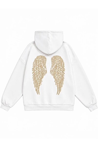 Mad&Calf Kadın Wing Taş Baskılı Kapüşonlu Oversize Sweatshirt
