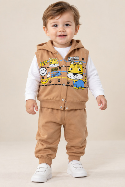 HELMİRA Baby Boy 3-Piece Set Printed Hooded Vest & Sweatshirt and Pants