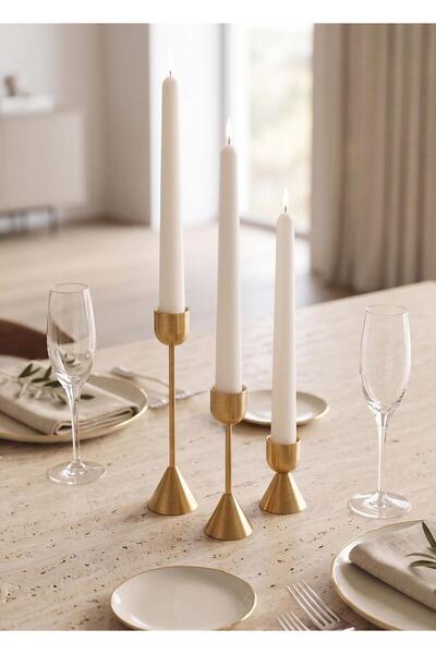 The Mia Brass Pirinç Silindir Şamdan 3 Parça Set