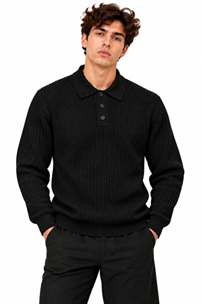 ribana Men's Polo Collar Long Sleeve Standard Fit Fit Sweater 27001