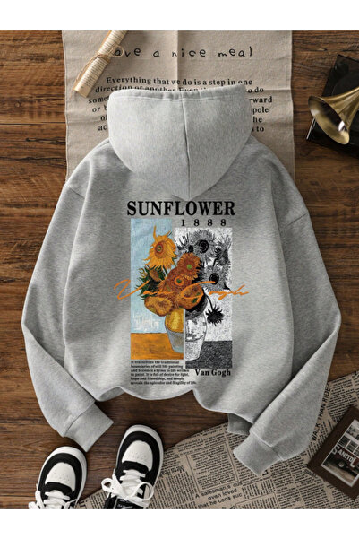Framgan Kadın SUNFLOWER Özel Baskılı Kapüşonlu Pamuklu Gri Sweat
