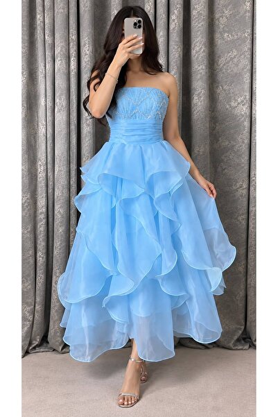 ELORA FASHION فستان سهرة سماوي بكشكش متدرّج وصدر مطرّز بالخرز