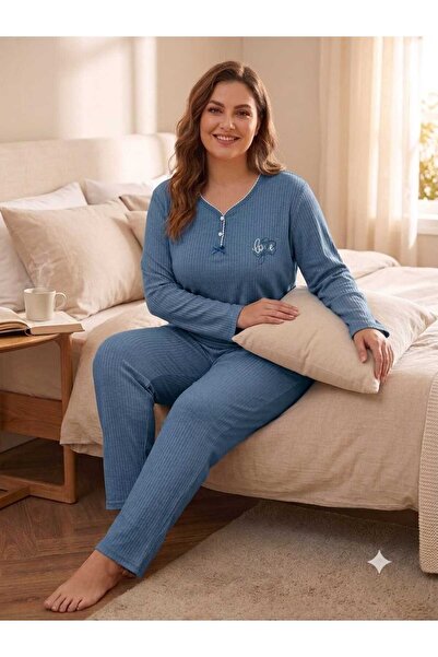 Asel Büyük Beden Uzun Kol Pamuklu Likralı İnterlok Kumaş Pijama Takımı