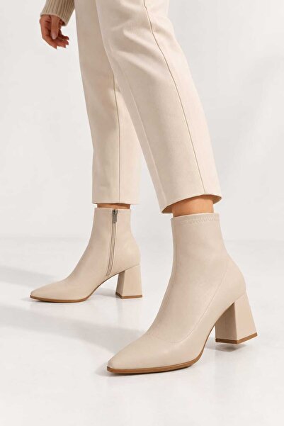 espeda shoes Square Toe Thick Heel Side Zipper Beige Heel Boots