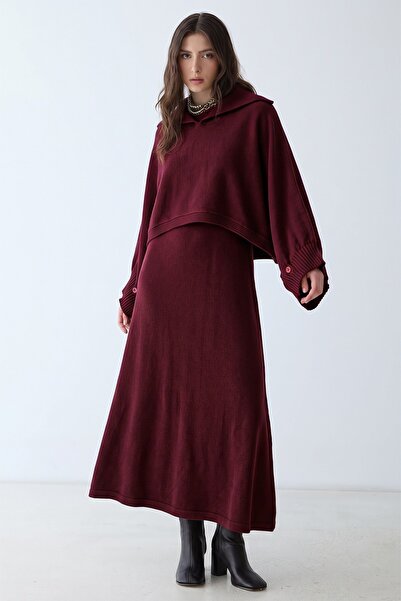 Olcay Cape Dress Combination Knitwear Double Set Mürdüm 9488-Tk