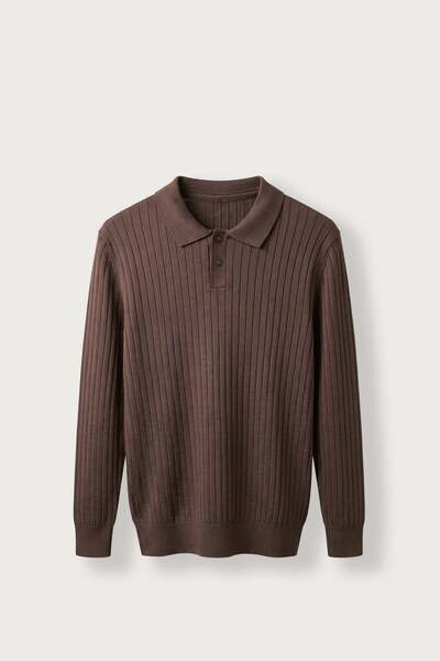 ablukaonline Men's Slim Fit Ribbed Buttoned Polo Collar Knitwear Sweater Brown