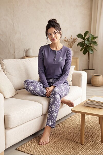 REN Kadın Mor %100 Saf Pamuk Uzunkollu Pijama Takım, Rahat Kalıp, Yakası Düğm...