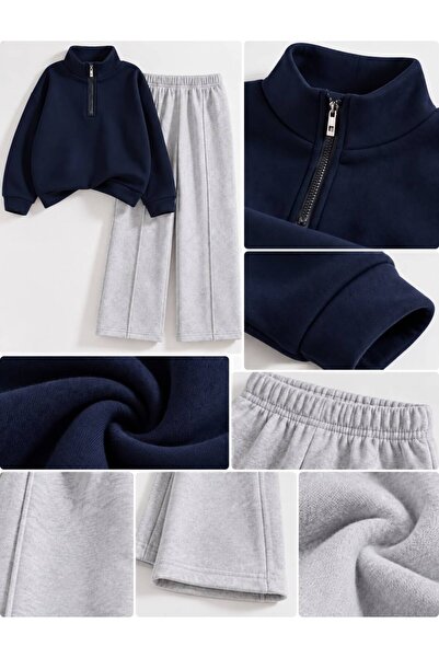 MORNİNG KİDS Kız-Erkek Çocuk Lacivert Yarım Fermuarlı Sweatshirt-Gri Çima Det...
