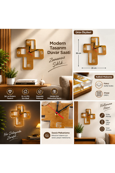 pleksi ahşap birleşimi gold, altın rengi sessiz mekanizma 26x30 cm modern duvar saati odanıza modern hava katar
