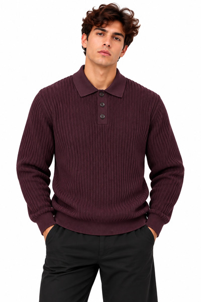 ribana Men's Polo Collar Long Sleeve Standard Fit Fit Sweater 27001