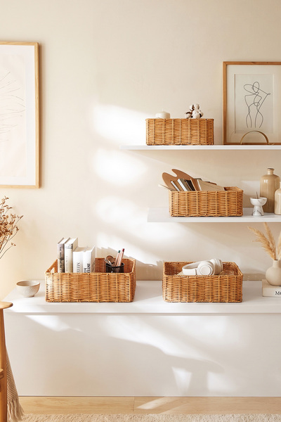 Ocean Home Textile 4'lü Yıkanabilir Bej PP Rattan Dolap İçi Çamaşır Çocuk Odası Oyuncak Düzenleyici Saklama Sepeti Organizer
