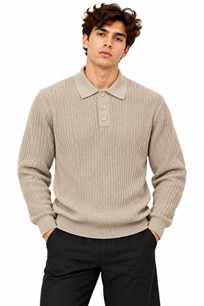 ribana Men's Polo Collar Long Sleeve Standard Fit Fit Sweater 27001