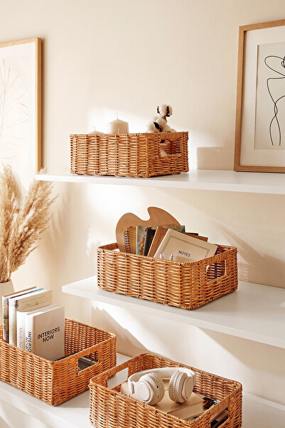 Ocean Home Textile 4'lü Yıkanabilir Bej PP Rattan Dolap İçi Çamaşır Çocuk Odası Oyuncak Düzenleyici Saklama Sepeti Organizer