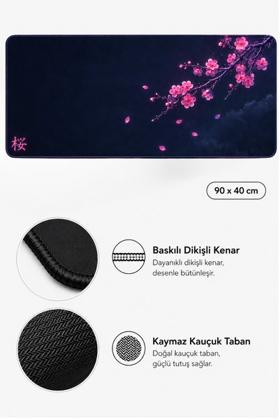 Cristante Zappella Blossom 90x40 XXL Gaming Mousepad Büyük Oyuncu Mouse Pad Dikişli Kenar Kaymaz Taban Masa Matı