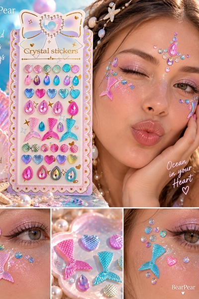 BearPear Mermaid Vibes Kristal Sticker – Deniz Kızı Temalı Dekoratif Yüz Taşı ve Süsleme Seti