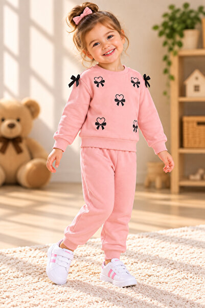 SERPİL Kız Çocuk Fiyonklu Kalpli 2'li Eşofman Takımı – Pembe Sweatshirt ve Eş...