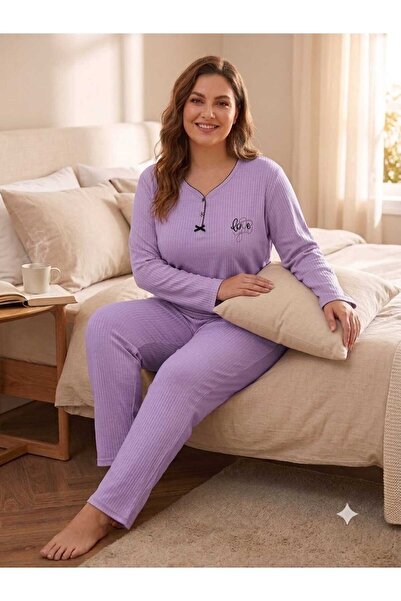 Asel Büyük Beden Uzun Kol Pamuklu Likralı İnterlok Kumaş Pijama Takımı