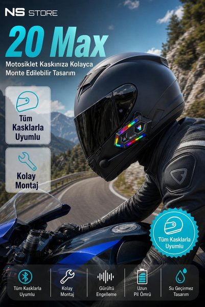 NS Store Bluetooth 5.3 Kask İnterkom Seti, Telsiz ve Gürültü Engelleyici, Işıklı ve Uzun Pil Ömürlü