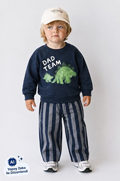 My Kids Wear Erkek Çocuk Baskılı Kışlık Sweatshirt ve Çizgili Pantolon Takım