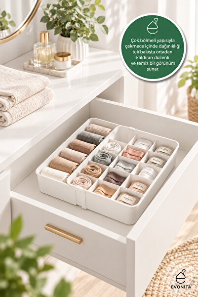 EVONİTA Çok Bölmeli Çekmece İçi Düzenleyici Organizer – Çorap, İç Çamaşırı ve...