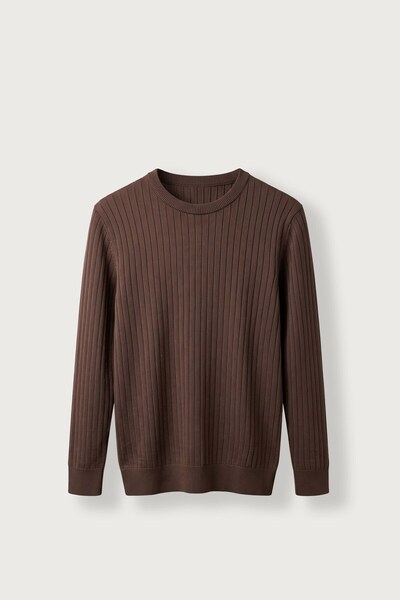 ablukaonline Men's Slim Fit Ribbed Crew Neck Knitwear Sweater Brown