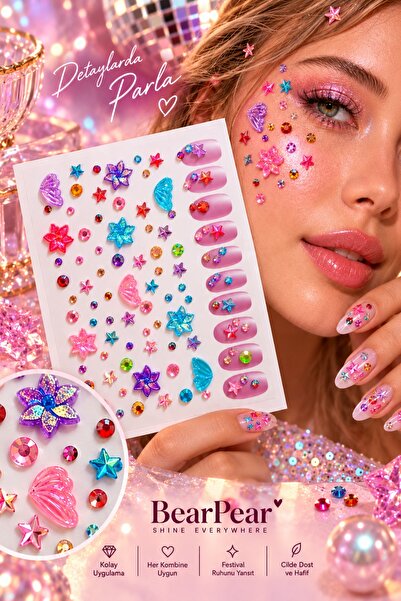 BearPear Renkli Çiçek & Kelebek Yüz Taşı Seti | Festival Makyajı | Face Gems