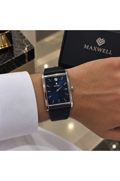 Maxwell Men's Rectangular Silver-Tone Watch with Navy Dial and Black Strap