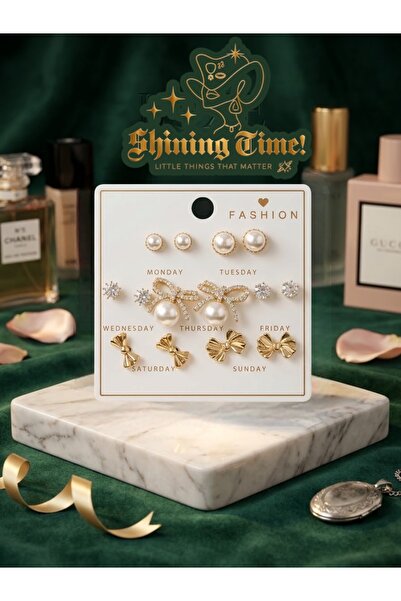 Shining Time 7'li Haftanın Günleri Konseptli İnci ve Taşlı Gold Renk Kadın Küpe Seti