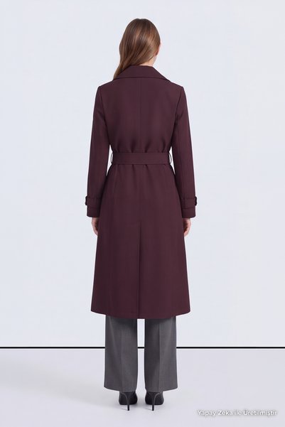 Zühre Double-Breasted Lapel Epaulet Detailed Belted Plum Trench Coat 13758