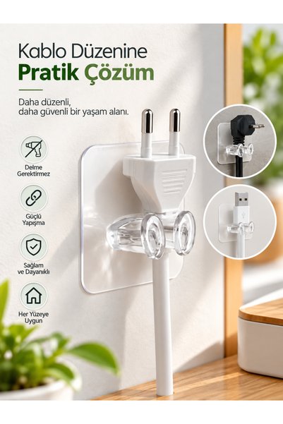 Mode Cool Şeffaf Yapışkanlı Priz ve Kablo Tutucu – Duvar Tipi Kablo Düzenleyici Organizer Aparatı