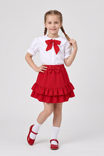 nacar çarşı Girl's Red Scarf Polka Dot Doll Collar White Short Sleeve Shirt R...