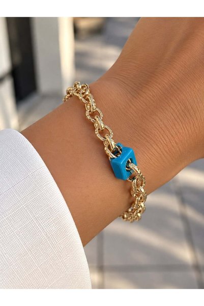 MARE BUTİK Gold Chain Bracelet with Blue Lock Detail
