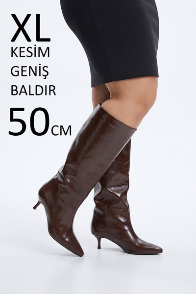 TrendyAnka Kadın Acı Kahve XL Kesim Rugan Parlak 4 Cm İnce Topuk Kısa Alçak İ...