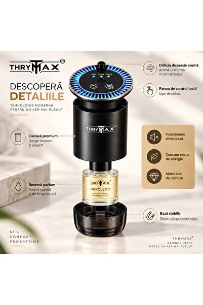 THRYMAX ® Difuzor Auto Profesional cu Aromaterapie, 3 Moduri de Intensitate, Nano Spray, Design Premium Metalic, Reîncărcabil USB