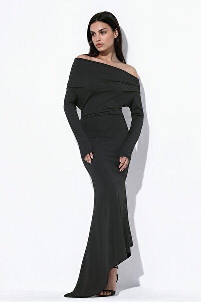 Hiccup Boat Neck Asymmetrical Bodycon Maxi Dress