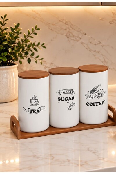 Generic طقم برطمانات تخزين الشاي والقهوة والسكر مع حامل خشبي أنيق