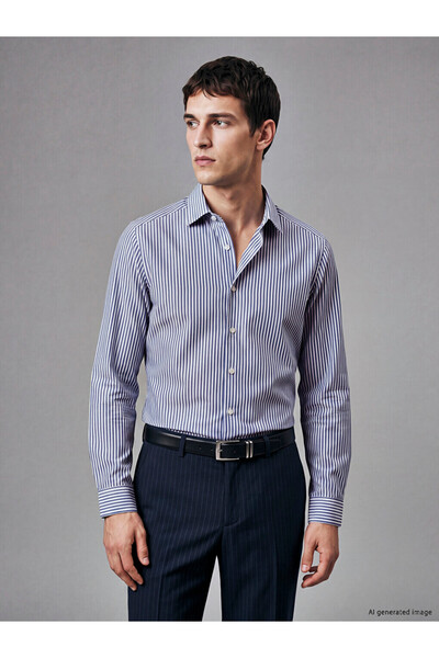 LC Waikiki Vizyon New Season Navy Blue Slim Fit Striped Gabardine Men's Shirt