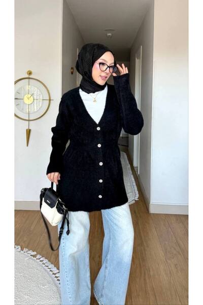 Nes Moda Pulover cardigan din tricotaj cu nasturi, cu talie elastică, din angora, pentru femei