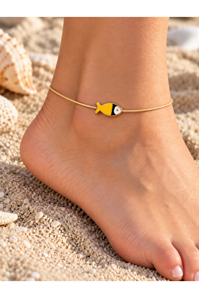 Femenino Adjustable Anklet with Yellow Enamel Fish Figure