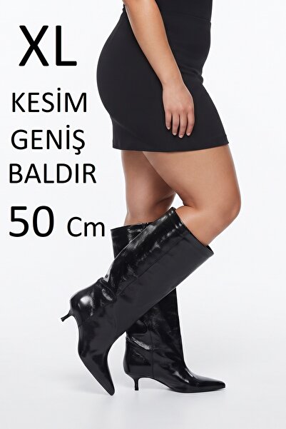 TrendyAnka Kadın Siyah XL Kesim Rugan Parlak 4 Cm İnce Topuk Kısa Alçak İnce ...