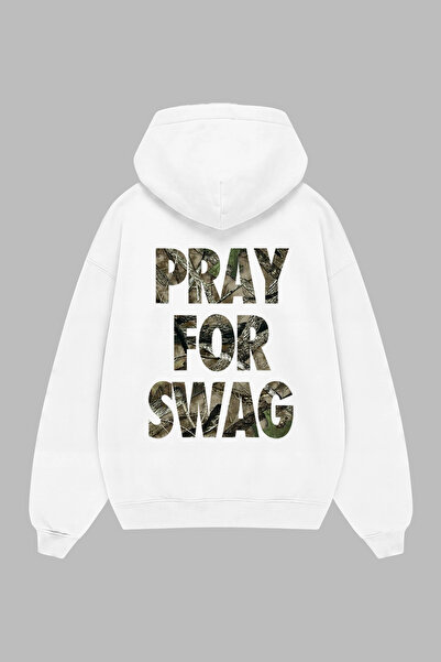 Sekizbiraltı Traves Pray For Swag Sırt Baskılı Beyaz Oversize Unisex Hoodie