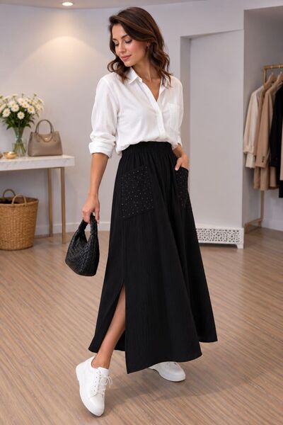 MARE BUTİK Stone Detailed Pocketed 100% Cotton Black Long Skirt