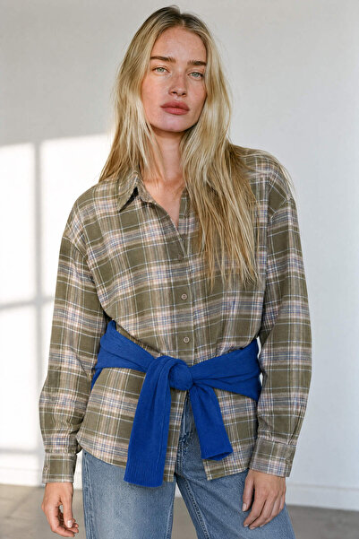 Sue Store Khaki Ecru Plaid Oversized Lumberjack Shirt